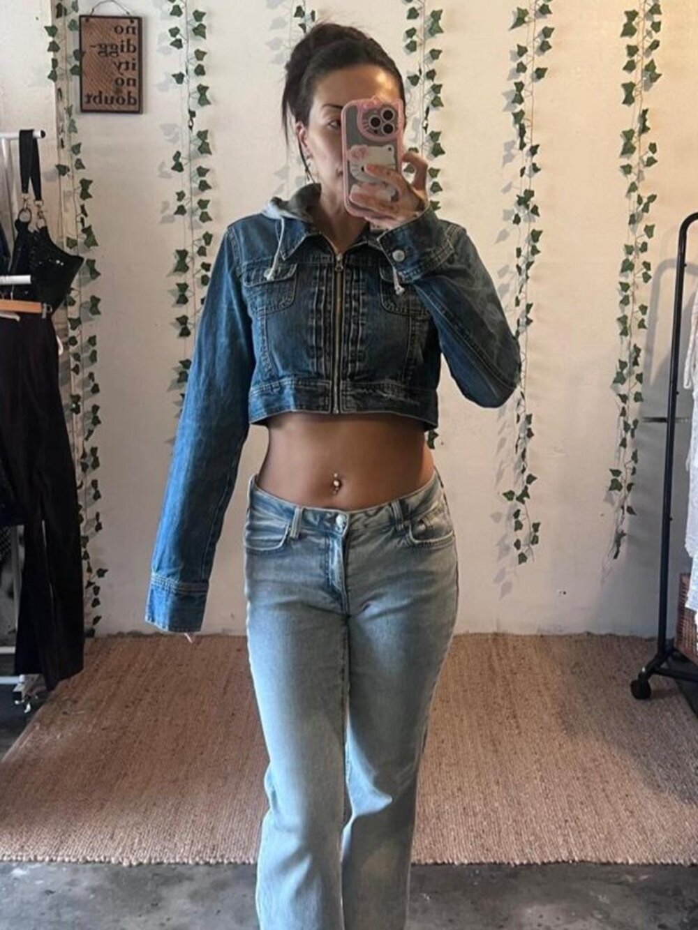 Y2K Be Cool cropped medium wash denim zip up jacket
